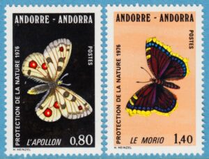 ANDORRA (FR) 1976 M279-80** fjärilar 2 kpl