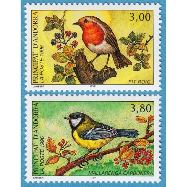 ANDORRA (FR) 1996 M491-2** rödhake - talgoxe 2 kpl
