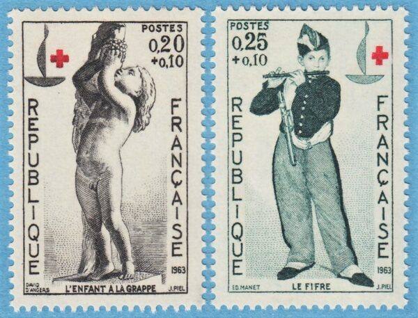 FRANKRIKE 1963 M1454-5** konst: (skulptur) d´Angers  - (målning) Edouard Manet 2 kpl