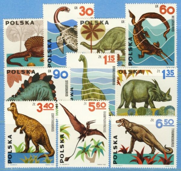 POLEN 1965 M1570-9** förhistoriska djur 10 kpl