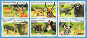 BENIN 1996 M856-61** Impala – Ellipsvattenbock – Afrikansk buffel – Strimmig gnu – Okapi – Större kudu – 6 kpl