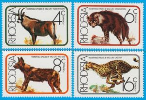 RHODESIA 1976 M180-3** 4 kpl hästantilop – brun hyena – afrikansk vildhund – gepard