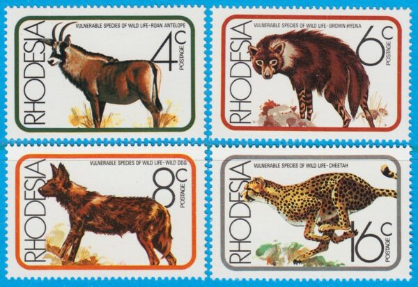 RHODESIA 1976 M180-3** 4 kpl hästantilop - brun hyena - afrikansk vildhund - gepard