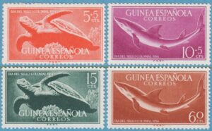 SPANSKA GUINEA 1954 M303-6** grön havssköldpadda blåhaj 4 kpl