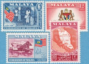 MALAYA 1957 M1-4** gummiplantage – vapen – tennutvinning – karta 4 kpl