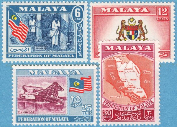 MALAYA 1957 M1-4** gummiplantage - vapen - tennutvinning - karta 4 kpl