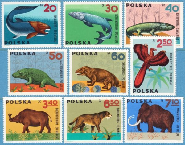 POLEN 1966 M1655-63** förhistoriska djur 9 kpl