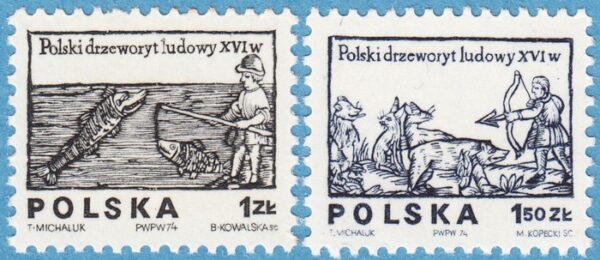 POLEN 1974 M2350-1** träsnitt - fiske - jakt 2 kpl