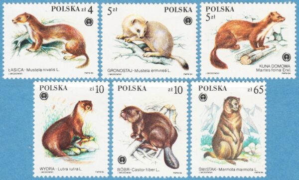 POLEN 1984 M2946-51** vessla - stenmård -hermelin - utter - bäver - murmeldjur 6 kpl