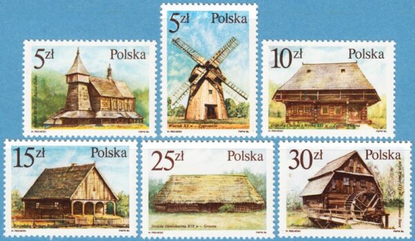 POLEN 1986 M3060-5** kyrka - kvarnar - lador 6 kpl