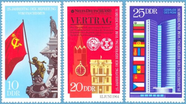 DDR 1970 M1569-71** befrielsen från fascismen 25 år med titelsida från tidningen "Neues Deutschland" 3 kpl